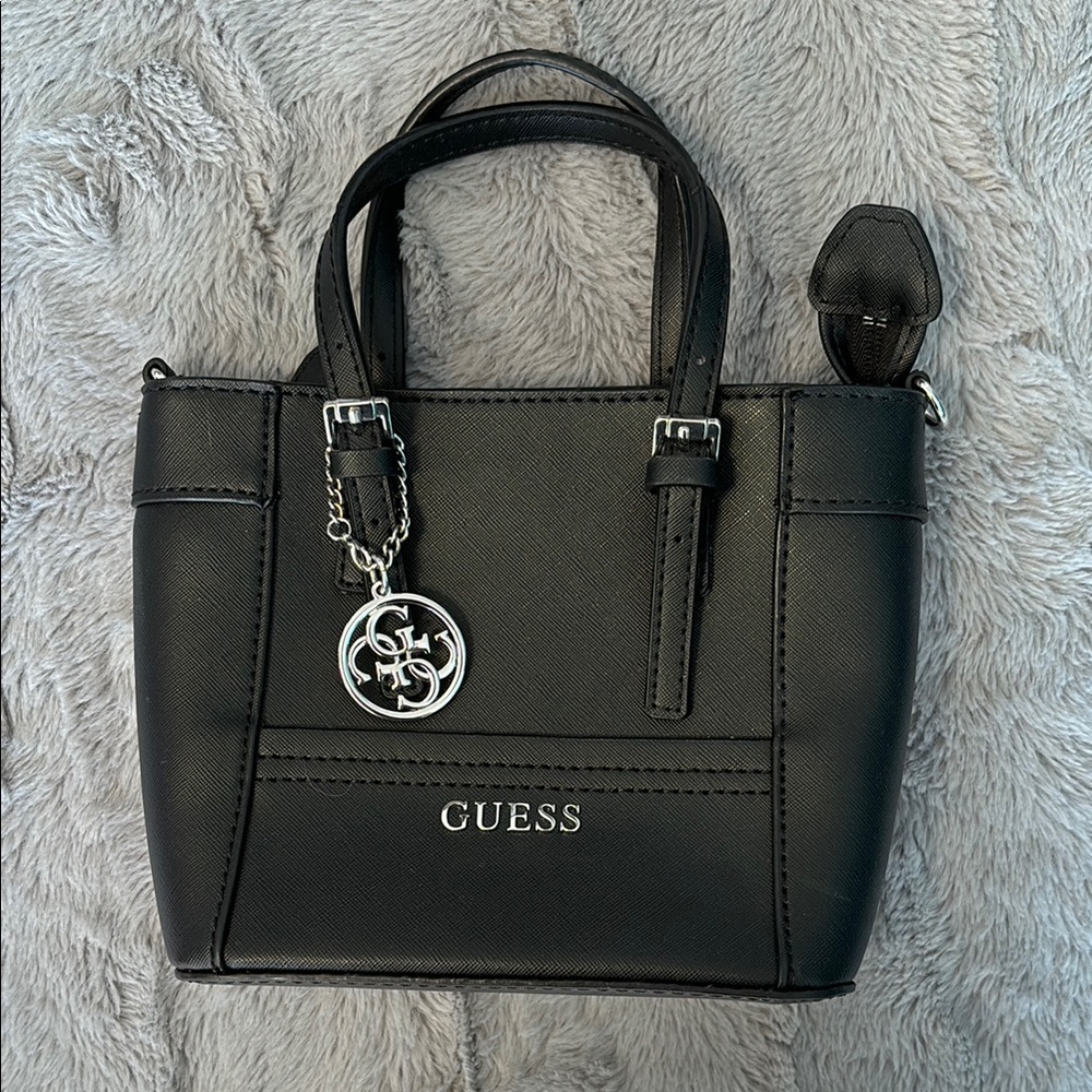 NEW Guess Black Tote Bag with Structured Design and Silver Accents